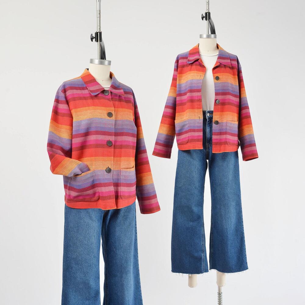 Vintage Striped Southwestern Cotton Linen Casual Chore Jacket S